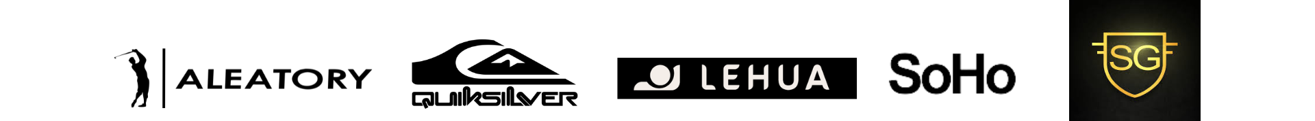Logos das lojas parceiras da Compy: Aleatory, Quiksilver, Lehua, SoHo e SG